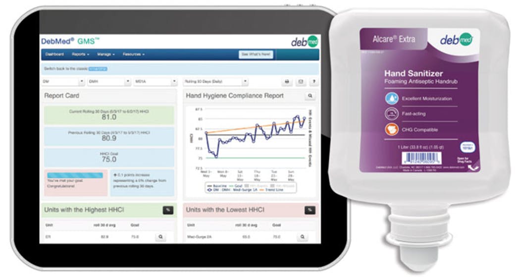 DebMed hand-hygiene&ndash;compliance monitoring system and Alcare Extra hand sanitizer, from S.C. Johnson Professional