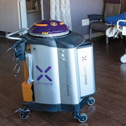 A Xenex LightStrike robot prepares to disinfect a room at Unity Health – White County Medical Center. A Xenex LightStrike robot prepares to disinfect a room at Unity Health – White County Medical Center.