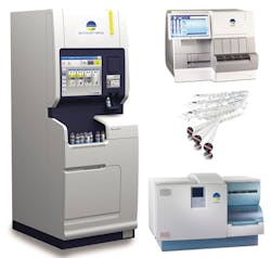 bioMerieux BacT/ALERT VIRTUO automated blood-culture system (left), VIDAS BRAHMS Procalcitonin (PCT) test for antibiotic management (upper right), and VITEK 2 bacterial identification and antibiotic-susceptibility platform (bottom right).