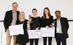 Left to Right: Mark Wächter, Moderator and Host of MEDICA App, First place FibriCheck’s, Stephanie Vinckenbosch, Daniela Seixas, CEO of Tonic App in second place and the Veta Health App co-founder Dr. Nora Zetsche in third place. Dr. Moka Lantum, Muthu Singaram, Jury Captain MEDICA App Left to Right: Mark Wächter, Moderator and Host of MEDICA App, First place FibriCheck’s, Stephanie Vinckenbosch, Daniela Seixas, CEO of Tonic App in second place and the Veta Health App co-founder Dr. Nora Zetsche in third place. Dr. Moka Lantum, Muthu Singaram, Jury Captain MEDICA App