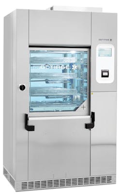 Getinge’s new S-8668T washer-disinfector reduces process time by as much as 25 percent with a highly intuitive, user-friendly interface that requires less training, and can be easily navigated with confidence by the least experienced technician. It holds up to 12 trays per cycle with highly-flexible load configurations that accommodate tall containers and mixed-sized packaging. A holding tank above the top of the chamber automatically fills with solution prior to each cycle and cycle phase and immediately starts to re-fill once the solution has been deposited into the chamber sump. From there, solutions are dumped directly into the drain tank within seconds freeing chamber sump to receive new solution from the process tank. Getinge’s new S-8668T washer-disinfector reduces process time by as much as 25 percent with a highly intuitive, user-friendly interface that requires less training, and can be easily navigated with confidence by the least experienced technician. It holds up to 12 trays per cycle with highly-flexible load configurations that accommodate tall containers and mixed-sized packaging. A holding tank above the top of the chamber automatically fills with solution prior to each cycle and cycle phase and immediately starts to re-fill once the solution has been deposited into the chamber sump. From there, solutions are dumped directly into the drain tank within seconds freeing chamber sump to receive new solution from the process tank.