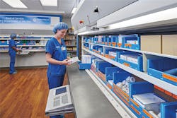 Hänel’s Rotomat Automated Vertical Carousel storage has the capabilities of four or more racks, making unprecedented use of vertical space and giving as much as 80 percent of floor space back to the SPD. All items are stored at counter level according to OSHA’s ergonomic “golden zone,” meaning no need to bend at the waist, reach above the shoulder or put one’s back at risk. Fully-enclosed cabinets protect sterile supplies from dust, over-handling, and unauthorized access. Onboard software tracks and manages par levels, expiration dates, LOT numbers, and can interface with other software platforms used by supply chain to provide up-to-date inventory data. Hänel’s Rotomat Automated Vertical Carousel storage has the capabilities of four or more racks, making unprecedented use of vertical space and giving as much as 80 percent of floor space back to the SPD. All items are stored at counter level according to OSHA’s ergonomic “golden zone,” meaning no need to bend at the waist, reach above the shoulder or put one’s back at risk. Fully-enclosed cabinets protect sterile supplies from dust, over-handling, and unauthorized access. Onboard software tracks and manages par levels, expiration dates, LOT numbers, and can interface with other software platforms used by supply chain to provide up-to-date inventory data.