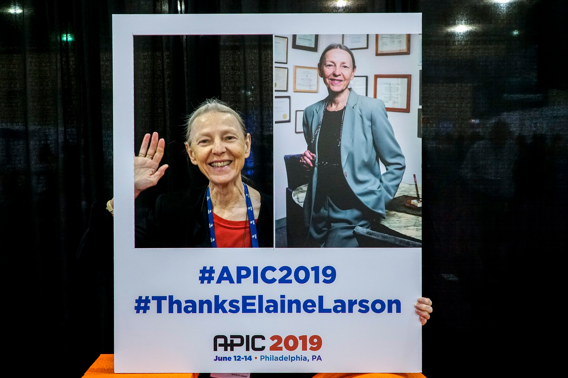 Dr. Elaine Larson, editor of the American Journal of Infection Control, poses with her #ThanksElaineLarson social media tribute. Dr. Larson will retire from AJIC after 25 years, effective December 31, 2019.