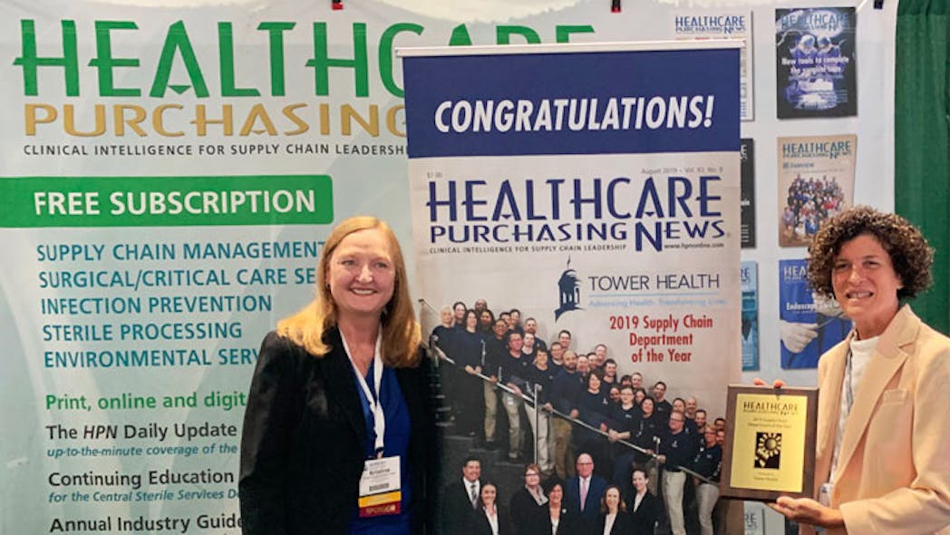 Kristine Russell, Publisher and Executive Editor, Healthcare Purchasing News, presents Ann Paolini, System Director, Supply Chain Business Intelligence, Tower Health, with the 2019 Supply Chain Department of the Year Award.