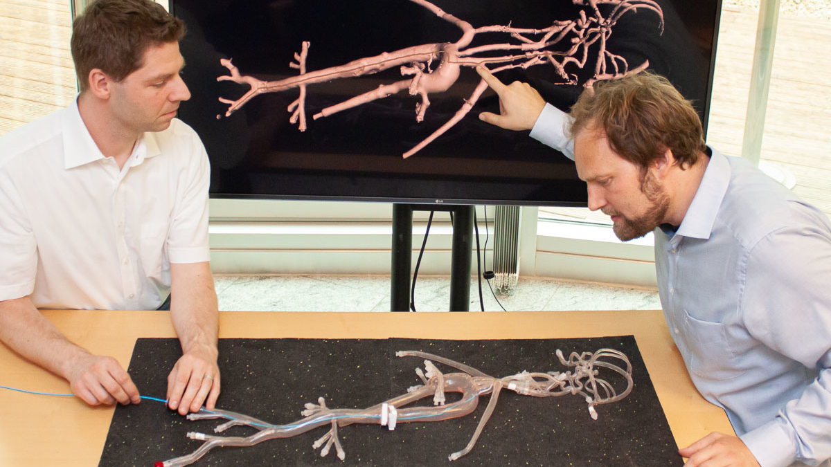 Inserting the intelligent catheter into the vascular system, the physician can observe the position in the virtual 3D model of the patient, now, as Torben P&auml;tz and Jan Strehlow demonstrate.
