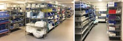 Geisinger&rsquo;s SPD redesign plan is to take the sterile processing storage room (left) and rearrange it more like the Robotics storage area (right) with instrumentation and consumables in the same area
