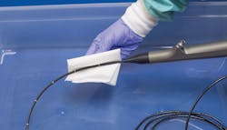 Using a damp cloth to wipe the shaft of the endoscope down during the decontamination process removes any exterior gross debris. Using a damp cloth to wipe the shaft of the endoscope down during the decontamination process removes any exterior gross debris.