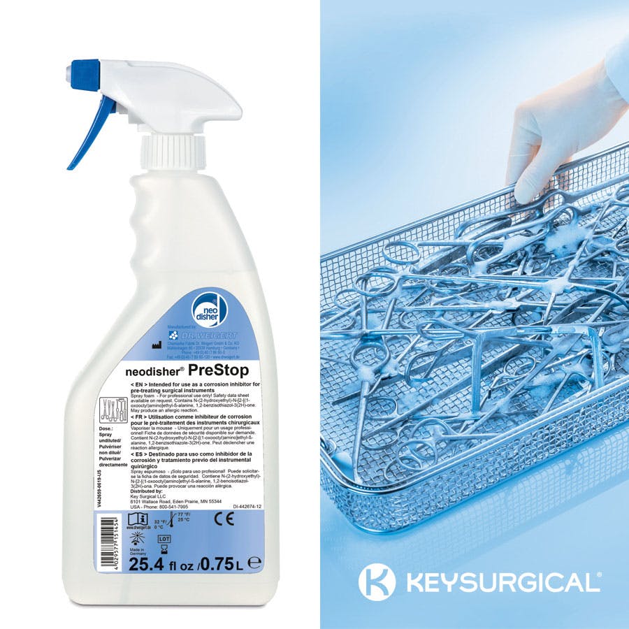 Spray undiluted PreStop from Key Surgical on instrumentation to keep wet until further reprocessing can occur.