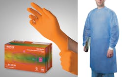 Left: Tronex 9432 Series Nitrile Exam Gloves are fentanyl-tested, chemo-tested, and NFPA certified. Right: The Tronex 7811 CHEMO Series gown meets USP (800) compliance standards with comfort and quality.