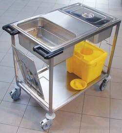 Stainless steel transportation cart from TBJ for holding and transportation of contaminated surgical instruments to SPD.