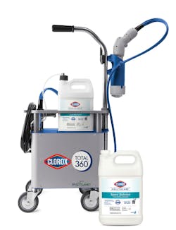 Clorox Total 360 electrostatic sprayer with Clorox Healthcare Spore Defense Cleaner Disinfectant Clorox Total 360 electrostatic sprayer with Clorox Healthcare Spore Defense Cleaner Disinfectant
