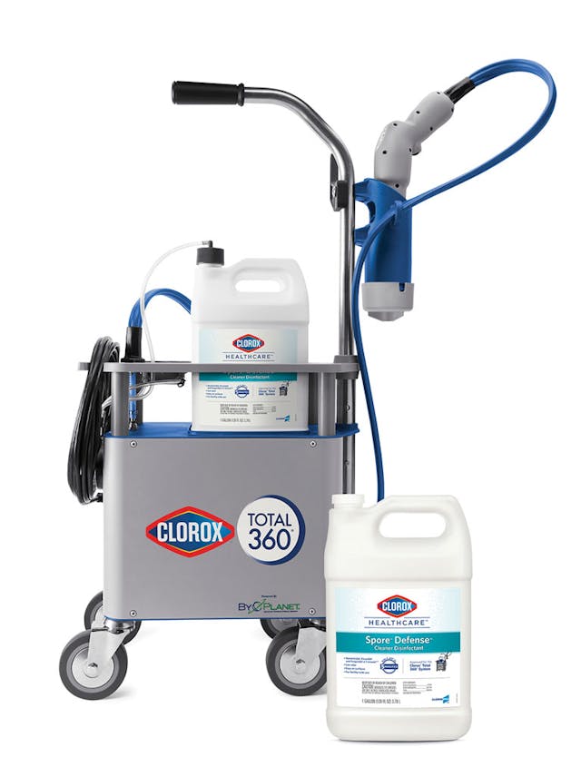 Clorox Total 360 electrostatic sprayer with Clorox Healthcare Spore Defense Cleaner Disinfectant
