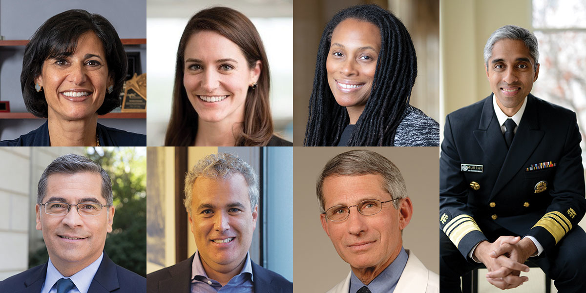 Clockwise left to right: Dr. Rochelle Walensky, Natalie Quillian, Dr. Marcella Nunez-Smith, Dr. Vivek Murthy, Dr. Anthony Fauci, Jeff Zients and Xavier Becerra