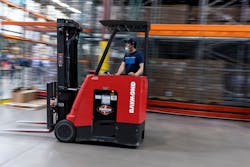 Jose Aispuro speeds along to pick up another pallet to put away. Jose Aispuro speeds along to pick up another pallet to put away.