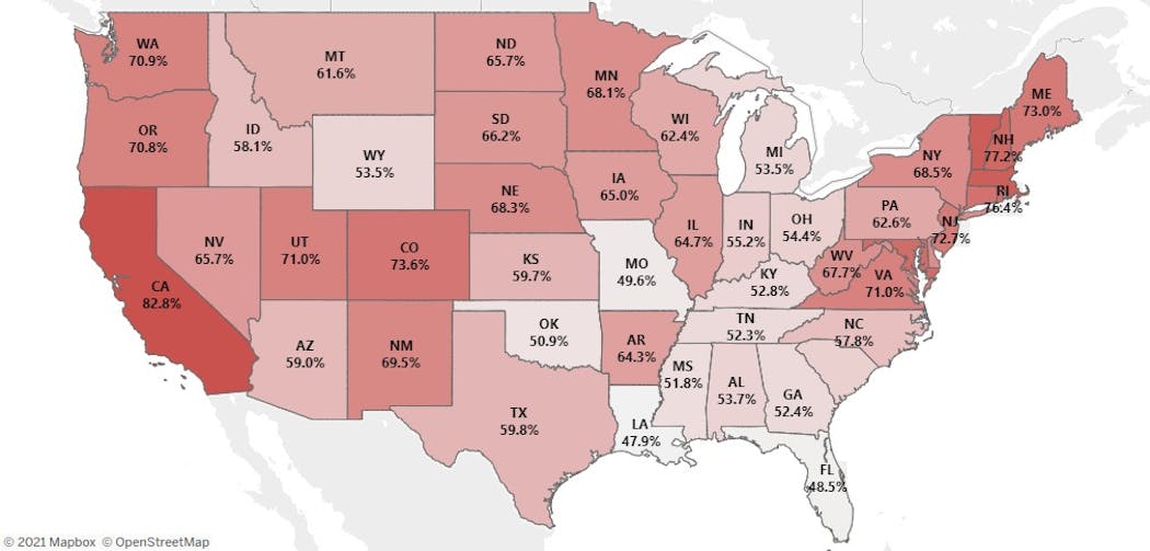 AARP&apos;s Nursing Home COVID-19 Dashboard percentage of healthcare staff fully vaccinated