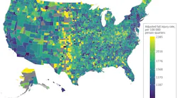 Map of US Counties With Fall Injury Rates Per 100,000 Person-Quarters, 2016-2019, Courtesy of the University of Michigan.