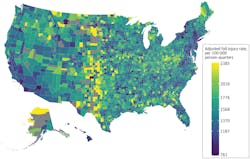 Map of US Counties With Fall Injury Rates Per 100,000 Person-Quarters, 2016-2019, Courtesy of the University of Michigan. Map of US Counties With Fall Injury Rates Per 100,000 Person-Quarters, 2016-2019, Courtesy of the University of Michigan.