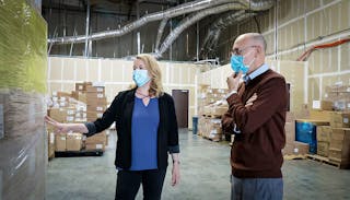 Malia Weinberg, Manager, Stock Control, and Lee Ayers, Senior Director, Supply Chain Operations, visit Sutter&rsquo;s Distribution Center and discuss product disruption strategies.