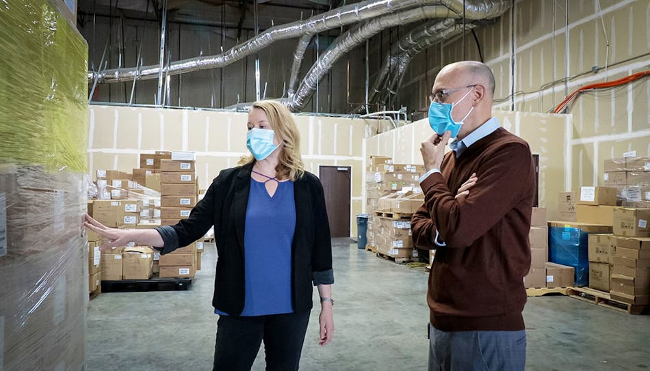 Malia Weinberg, Manager, Stock Control, and Lee Ayers, Senior Director, Supply Chain Operations, visit Sutter&rsquo;s Distribution Center and discuss product disruption strategies.