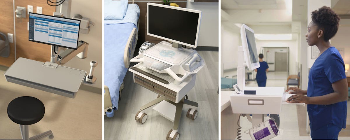 Ergotron&rsquo;s CareFit Combo System (left), CareFit Pro (middle) and CareFit Slim 2.0 LCD Medical Cart (right)