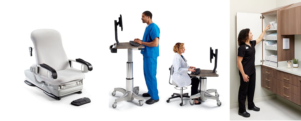 Midmark&rsquo;s 626 Barrier-Free Exam Chair, mobile workstations with height adjustment, and wall-hung cabinetry showing the lower upper height and more shallow cabinet depth, as well as gravity-fed, angled flow shelving that improves visibility and access to supplies.