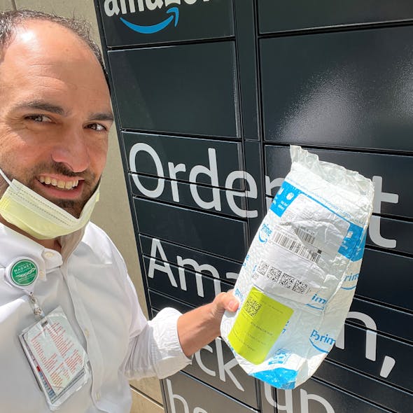Eric Tritch- VP Supply Chain &amp; Support Services, picking up a package from Amazon Locker on campus, helps deflect excess Amazon packages from Dock operations. Provides convenient 24/7 pickup option for staff or patients.