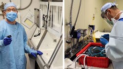 Tech loading scopes into automatic reprocessor (left), Tech manually cleaning scope (right) Tech loading scopes into automatic reprocessor (left), Tech manually cleaning scope (right)