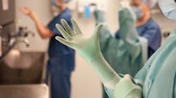 Double-gloving with a colored indicator underglove can alert the user of costly occupational exposure (to bloodborne pathogens). Double-gloving with a colored indicator underglove can alert the user of costly occupational exposure (to bloodborne pathogens).