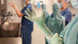 Double-gloving with a colored indicator underglove can alert the user of costly occupational exposure (to bloodborne pathogens). Double-gloving with a colored indicator underglove can alert the user of costly occupational exposure (to bloodborne pathogens).