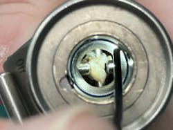 Bioburden inside a shaver. The instrument flushed clean with water and then air. Borescope inspection showed large contamination throughout.