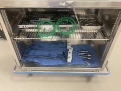 OR/ SPD collaboration: case cart that came down from OR with perfect point of use treatment performed. Time was taken to properly send down to SPD.